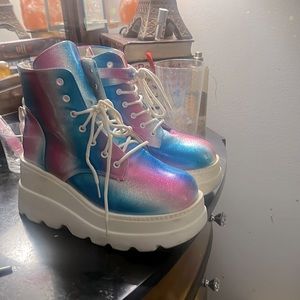 platform  pink and blue sparkly boots